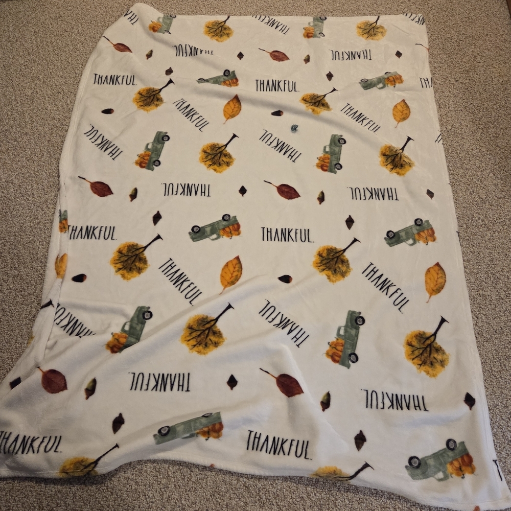Rae Dunn White Plush Throw with Black Script and Orange Accent